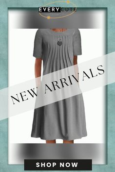 Summer Solid Color Bech Dress Round Neck Pullover Short Sleeve Midi Dress Women's Casual Loose Dress Vestidos De Mujer Knee-length Shift Pleated Dress, Knee-length Pleated Shift Dress, Gray Shift Dresses, Elegant Gray Dress With Solid Color, Elegant Gray Solid Color Dress, Gray Shift Dresses For Summer, Spring Gray Shift Dress, Gray Pleated Dress For Spring, Gray Solid Color Mini Length Dresses