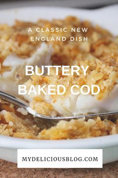 a close up of a plate of food with a spoon in it and the words buttery baked good