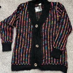 Purchased From An Online Boutique Brand New With Tags Multi Colored: Black, Purple, Pink, Yellow,Blue Size M/L Oversized Black V-neck Cardigan, Trendy Black Knit Cardigan, Cozy Black Spring Cardigan, Multicolor V-neck Cardigan One Size, Black One Size Casual Cardigan, One Size Black Casual Cardigan, Casual Black One Size Cardigan, One Size Black Long Sleeve Cardigan, One Size Black Winter Cardigan