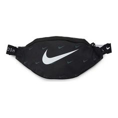 a black nike fanny bag with white nike logo on the front and grey nike print on the back