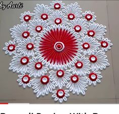 a red and white circular doily with circles on it that has the words round doily written below