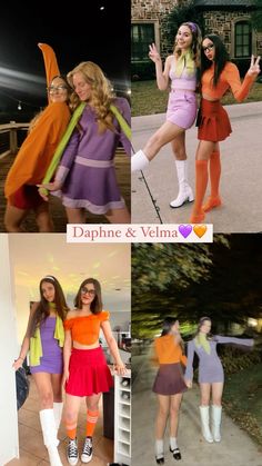 four pictures of women dressed in different styles and colors, including orange, pink, purple, yellow