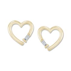 Amp up the fashion volume with these exciting diamond Heart Stud earrings. Crafted in 14K/10K Yellow gold or sterling Silver, each unique heart Earring features a sparkling diamond-adorned hexagon Inside. Radiant with Accent diamonds and a brilliant buffed luster, these pleasing earrings secure comfortably with friction backs. Metal Type :- Gold/Silver Metal Color :- White, Yellow, Rose Metal Purity :- 14K, 10K, 925 Gross weight :- (14K- 1 gm), (10K- 0.89gm), (925- 0.84gm) Dia weight :- 0.03 carat Total Diamonds  :- 2 Gemstone Name :- Diamond Clarity :- I2-I3 Stone Color :- IJ Diamond Shape :- Baguette  Cut :- Good Cut Stone Creation Method :- Natural Setting :- Channel Setting Gold Sterling Silver Earrings With Baguette Diamonds, Yellow Gold Sterling Silver Baguette Diamond Earrings, Yellow Gold Baguette Diamond Earrings In Sterling Silver, Yellow Gold Earrings With Baguette Diamonds In Sterling Silver, Yellow Gold Sterling Silver Earrings With Baguette Diamonds, Everyday Gold Diamond Earrings With Baguette Diamonds, Everyday Yellow Gold Earrings With Baguette Diamonds, Heart Shape Earrings, Heart Earring