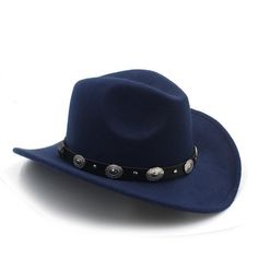 Felt Fedora Cowboy Hat with Oval Metal Ornaments on Faux Leather Band-Hats-Innovato Design-Navy-Innovato Design Cowgirl Sombrero, Sombrero Hat, Felt Kids, Black Cowgirl, Festival Hat, Western Cowboy Hats, Vintage Cowgirl, Wooden Sunglasses, Western Hats