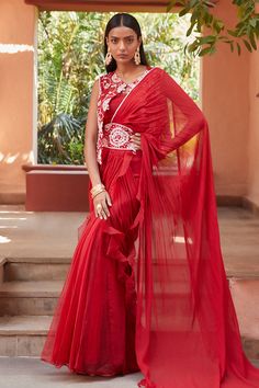 Buy Shian Red Georgette Pre-draped Ruffle Saree Set Online | Aza Fashions Elegant Red Pre-draped Saree With Ruffles, Party Red Pre-draped Saree With Ruffles, Transitional Red Pre-draped Georgette Saree, Red Georgette Pre-draped Saree, Red Embellished Georgette Pre-draped Saree, Ruffle Saree, Red Saree