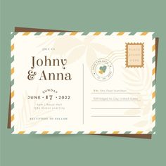 a wedding card with an envelope and postage stamp on the front, in green and yellow stripes