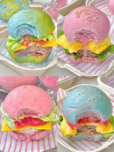 there are four different colored hamburgers on plates