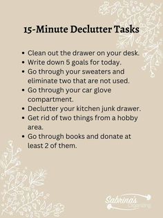 a white and beige poster with the words 15 minute declutter tasks