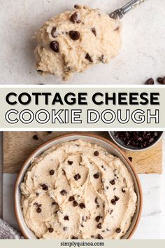 two pictures with cookies and dough in them, one has chocolate chips on the top