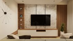 a modern living room with marble walls and furniture