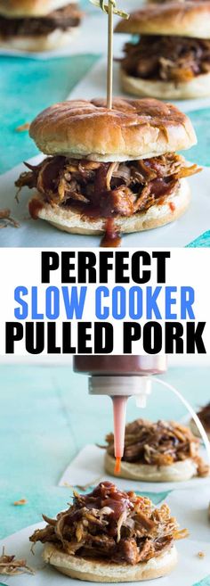 the perfect slow cooker pulled pork sandwich is ready to be eaten and served on buns