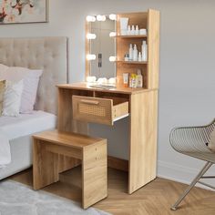 a bedroom scene with focus on the dressing table and stools, which also have lights