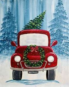 a painting of a red truck with a christmas wreath on the hood in front of snow covered trees