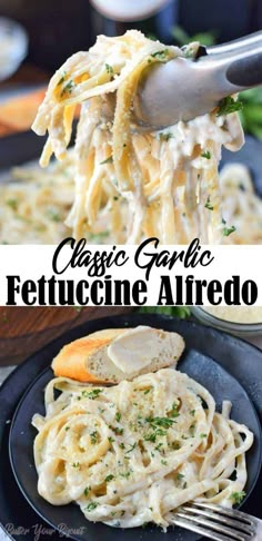 a close up of a plate of food with pasta and cheese on it, the title says classic garlic fettuccine alfredo