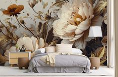 a bedroom with a large flower mural on the wall next to a bed and night stand