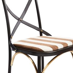 a black chair with a striped seat pad and gold metal frame, on a white background