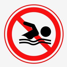 a red and white sign with a person swimming in the water under a no swimming symbol