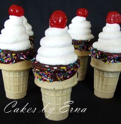 three ice cream cones with sprinkles and cherries on top are shown