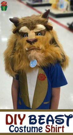 a young boy wearing a costume with the words diy beast costume shirt on it