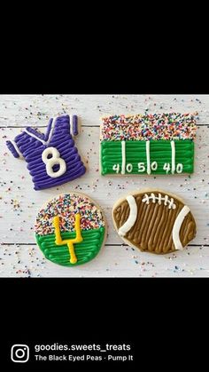 cookies decorated to look like sports equipment and numbers