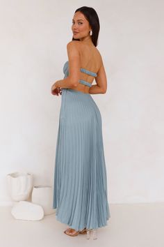 Length from bust to hem of size S: 115cm. Chest: 33cm, Waist: 32cm, across front only of size S. Maxi dress. Semi-lined. Model is a standard XS and is wearing size XS. True to size. Non-stretch. Strapless. Plisse fabrication. Flowy skirt. Underwire. Elastic back. Zipper. Cold hand wash only. Polyester/Nylon/Spandex. Designed for formal affairs. The Sunflower Serenity Plisse Maxi Dress features a strapless silhouette, gorgeous plisse fabrication and a flowy skirt. Style with heels for the best pi Sage Formal Dress, Dress Sage, Prom Shopping, The Sunflower, Maxi Dress Prom, Maxi Dress Wedding, Skirt Style, Flowy Skirt, Pink Mini Dresses