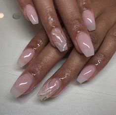 Nails Acrylic For Bridesmaid, Ombre Crystal Nails, Marble Overlay Nails, Ballerina Short Nails Designs Ideas, Short Coffin Shape Nails Summer, Clear Pink Acrylic Nails With Design, Dip Powder Nails Coffin, Short Bridal Nails Wedding, Nude Glitter Ombre Nails