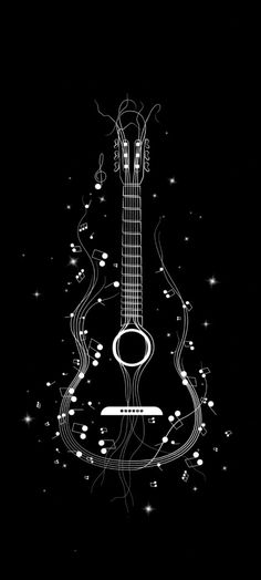 a black and white drawing of a guitar with music notes on the strings, as well as stars in the background