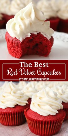 red velvet cupcakes with white frosting on top and the words, the best red velvet cupcakes