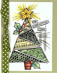 a christmas tree card with green polka dot ribbon on the bottom and an ornament at the top