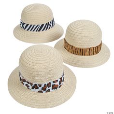 three hats with animal print ribbon around the brim and one has a tiger stripe band