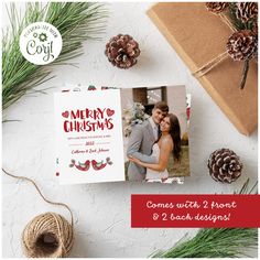 a christmas card with an image of a couple on it next to pine cones and twine