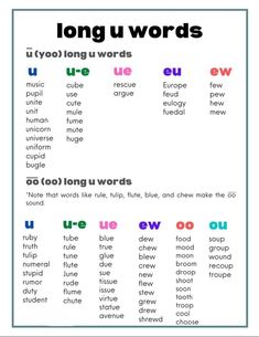 the long u words poster is shown in different colors and font options for each word