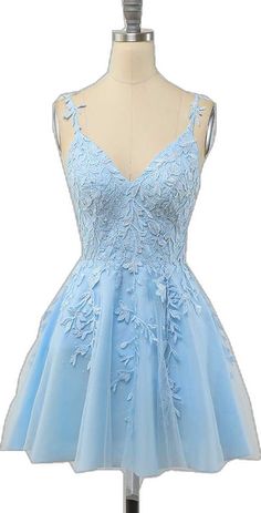 Light Blue Lace A-line Short Homecoming Dress Sleeveless Blue Lace Prom Dress, Light Blue Lace V-neck Dress, Blue Lace Dress With V-neck, Blue V-neck Dress With Lace Bodice, Flower Shorts, Light Blue Shorts, Shop Light, Dress Forms, A Line Shorts