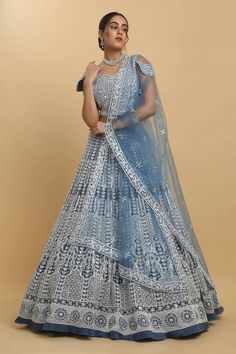 Blue lehenga with attached can-can, all over leaf stripe pattern, mirror, sequin and zari embroidery. Paired with embroidered padded blouse and bordered dupatta. - Aza Fashions Zari Embroidery, Saree Gown, Blue Lehenga, Padded Blouse, Embroidered Lehenga, Contemporary Wedding, Can Can, Blue Embroidery, Eid Collection