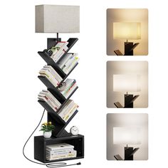 the lamp is turned on and there are three different bookshelves in front of it