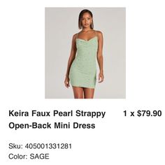 a woman in a short green dress with the words kera fax pearl strappy open - back mini dress