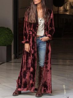 Long Sleeve Red Printed Velvet Cardigan Velvet Cardigan Outfit, Velvet Clothing, Velvet Cardigan, Boho Mode, Estilo Hippy, Mode Kimono, Printed Velvet, Velvet Coat, Stylish Coat