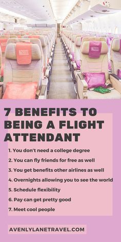 an airplane with the words 7 benefits to being a flight attendant