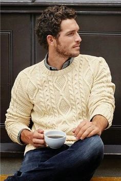 Traditional Irish Mens Wedding Clothing, Classic Cream Relaxed Fit Sweater, Classic Cream Sweater In Relaxed Fit, Classic Cream Sweater Relaxed Fit, Cream Relaxed Fit Sweater, Irish Knit Sweaters, Justice Joslin, Irish Sweater, Style Masculin