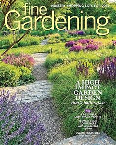 the front cover of fine gardening magazine, featuring an image of a garden with purple flowers and