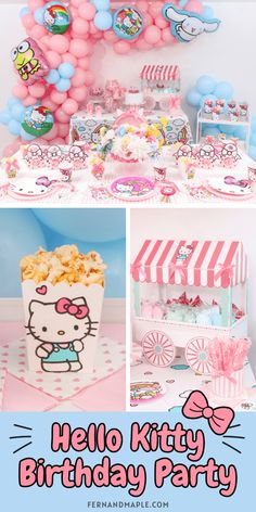 hello kitty birthday party with pink and blue balloons, candy boxes, popcorn buckets