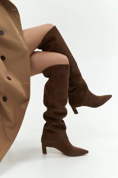 Chocolate Knee High Boots With Kitten Heel, Women Over the Knee Boots With Pointy Toe, Suede Knee Boots for Women With Low Slim Heel - Etsy Kitten Heel Knee High Boots, Womens Fall Boots, Suede Knee Boots, Knee High Boots Flat, Women's Over The Knee Boots, Kitten Heel Boots, Fall Booties, Suede Flats, Boots For Women