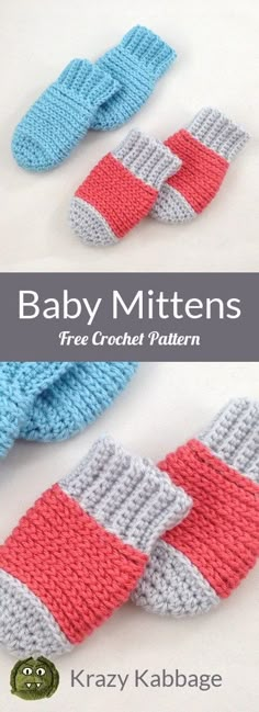 three crochet mittens are shown with the text baby mittens free crochet pattern