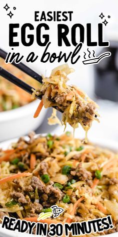 an egg roll in a bowl is being lifted with chopsticks