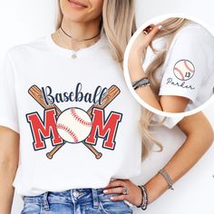 Elevate your game day look with our custom "Baseball Mom" shirt, personalized with the player's name and number on the left sleeve. This crewneck tshirt is the perfect baseball gift for mamas, offering both style and sentimentality for those memorable moments at the ballpark. The Bella+Canvas 3001 short sleeve tee offers a relaxed fit with unisex sizing--check the size chart for the perfect match. Crafted from soft and lightweight fabric, it ensures a comfy feel. The shirt features a ribbed knit Customizable Cotton Baseball Jersey For Fans, Customizable Baseball Jersey For Fan Gear, Sports Fan Cotton Baseball Jersey With Team Logo, Customizable Baseball Jersey For Game Day, Customizable Sports Fan Baseball Jersey For Game Day, Sports Fan T-shirt For Baseball Season, Sports Fan Tops With Team Logo For Baseball Season, Varsity Baseball T-shirt With Team Logo, Baseball Jersey With Team Logo