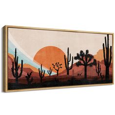 a painting with cactus trees and the sun in the background