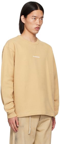 Organic cotton French terry sweatshirt. · Rib knit crewneck and cuffs · Logo bonded at chest · Dropped shoulders Supplier color: Wheat beige Beige Crew Sweatshirt With Ribbed Cuffs, Beige Crew Neck Sweatshirt With Ribbed Collar, Acne Shop, Workout Sweatshirt, Knit Crewneck, French Terry, Wheat, Rib Knit, Acne Studios