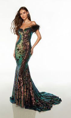 Alyce Paris 61595 Off the shoulder feathered strap evening gown with a sequined iridescent pattern and lace up back. Alyce Paris, Dragon Scale, Mermaid Silhouette, Mermaid Evening Dresses, Feather Dress, Mermaid Gown, Long Prom Dress, Spring 2024, Prom Gown