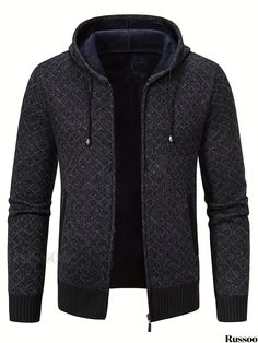 Russoo - Stylish Mens Argyle Pattern Knit Cardigan: Casual, Breathable Zip-Up Hooded Coat Ideal for Outdoor Wear in Fall and Winter Black Knitted Hoodie For Winter, Black Knitted Winter Hoodie, Knitted Winter Hoodie Outerwear, Gray Knit Hooded Outerwear, Gray Hooded Knit Outerwear, Fitted Hooded Knit Outerwear, Black Knit Hooded Outerwear, Fitted Knitted Hooded Outerwear, Fitted Winter Hoodie Sweater