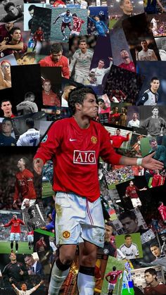 the collage shows many different pictures of soccer players, including one with his hands out